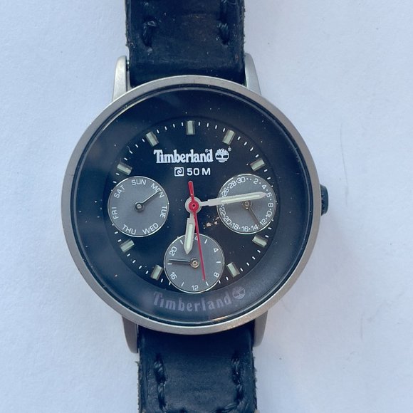Timberland Titanium Watch Black Leather Band day/date Made in Italy - Picture 2 of 8